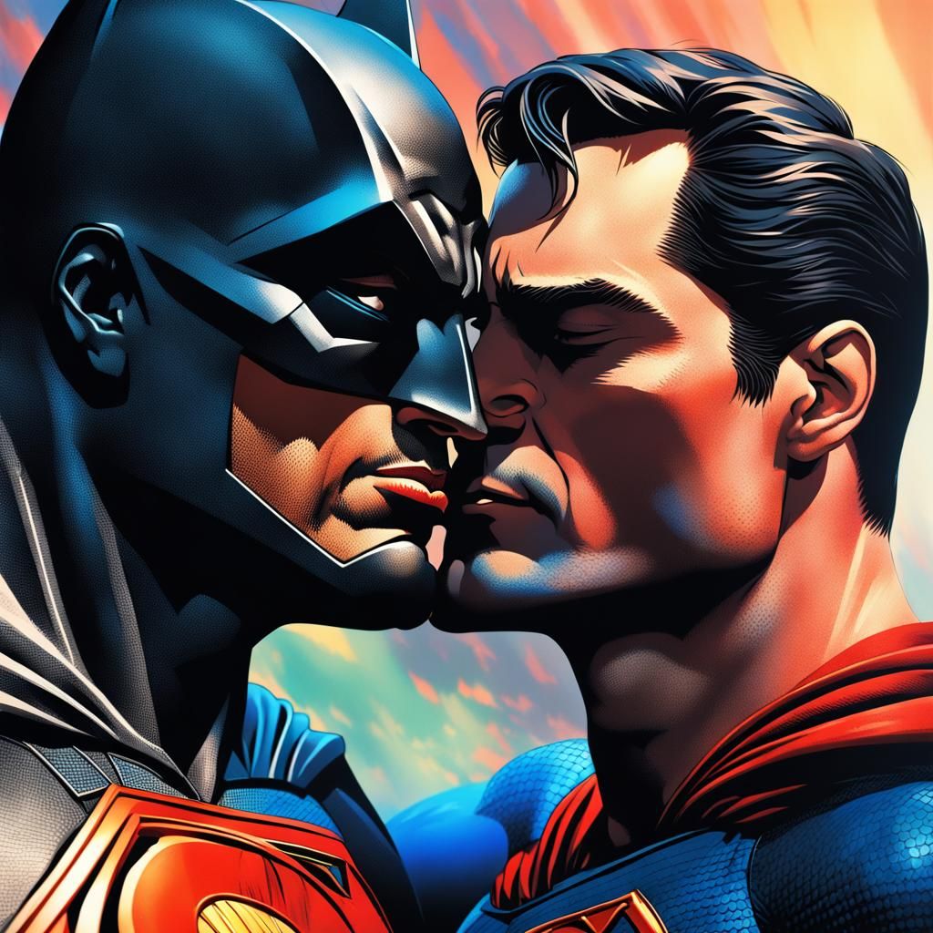 Hyperrealistic Superman Kissing Batman Splash Art