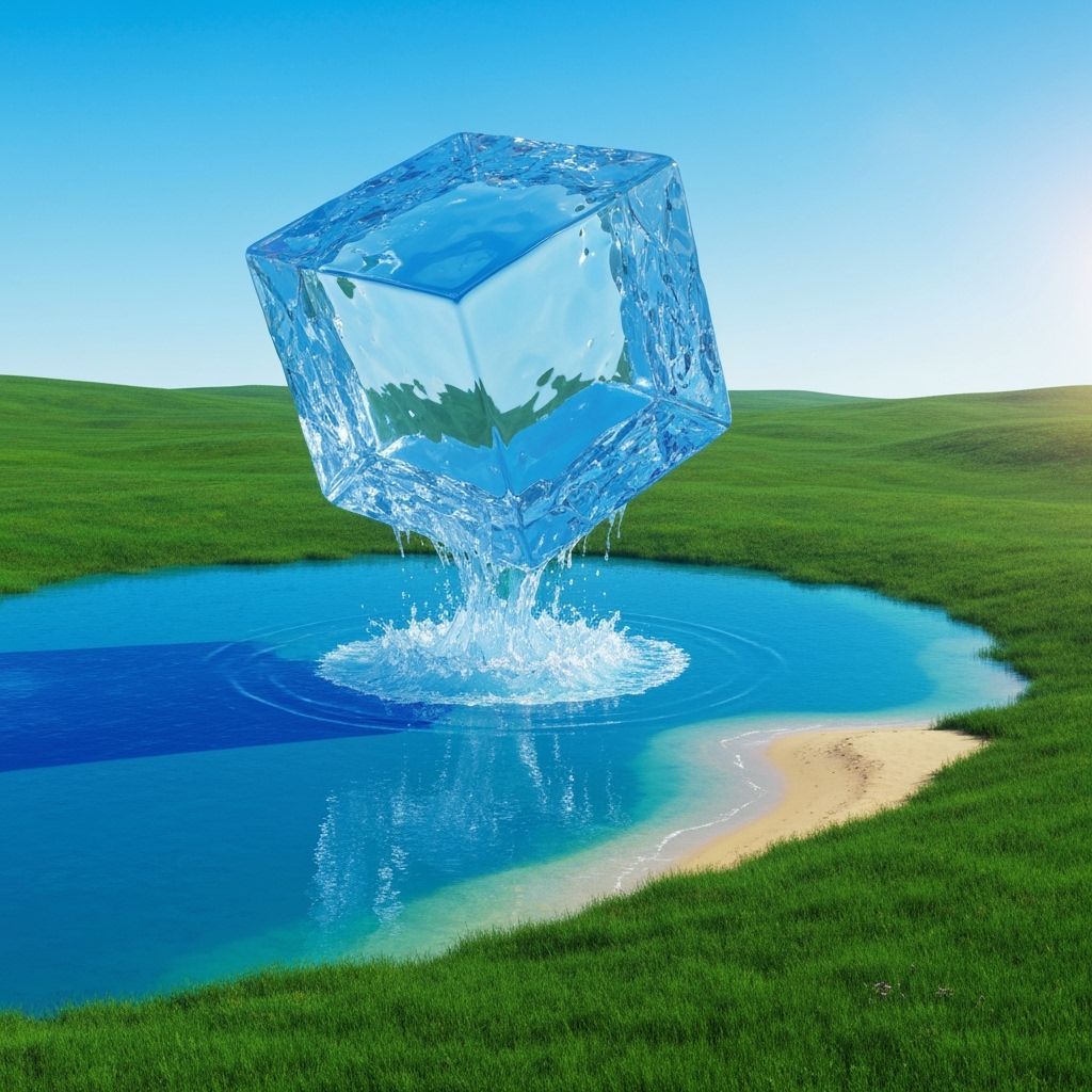 Giant Ice Cube Plunges into Pond: Hyperrealistic Scene