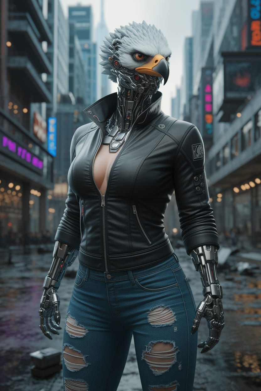 Cyberpunk Harpy Eagle Defies Ruins in Futuristic Metropolis