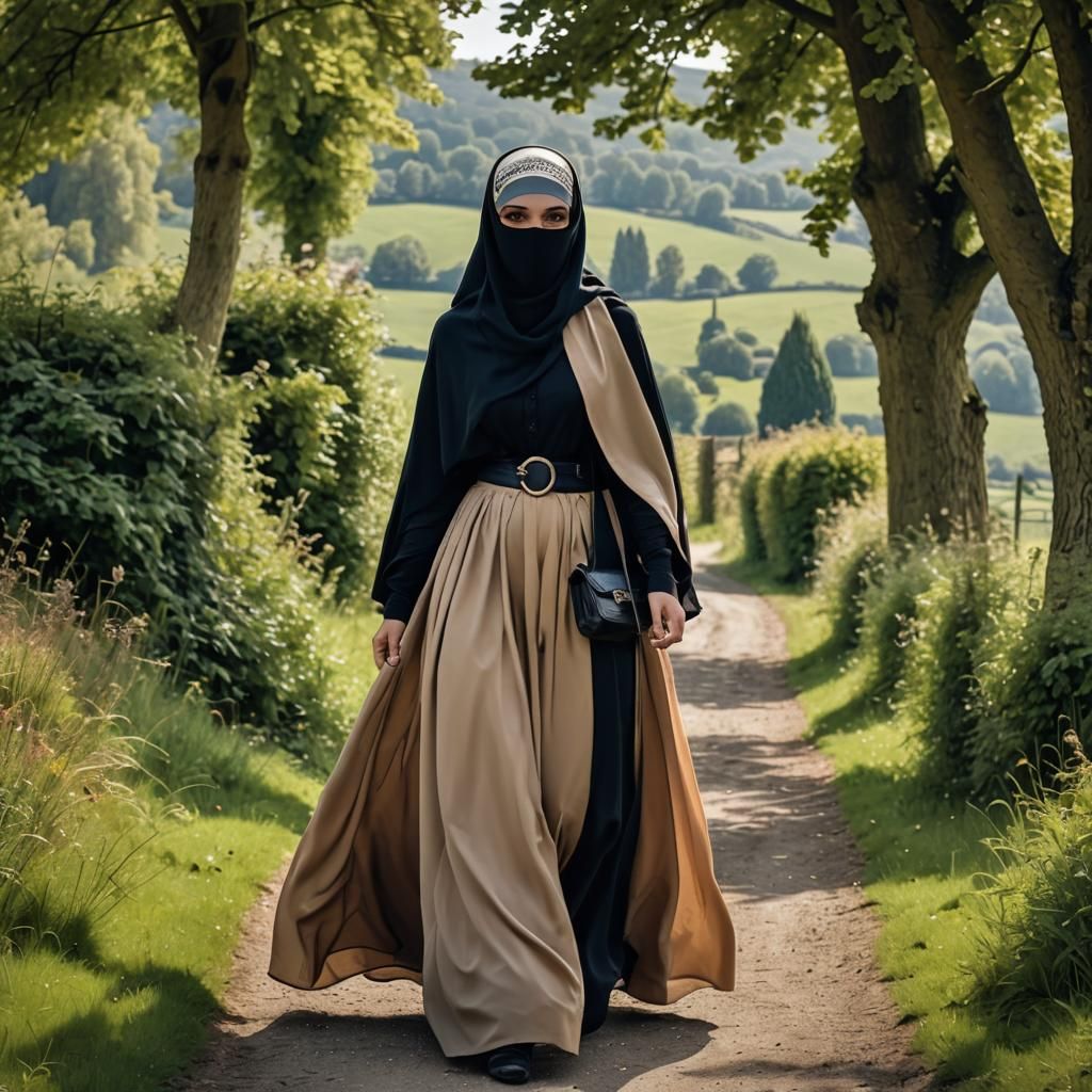 Niqabi Woman Walks in Beautiful English Countryside