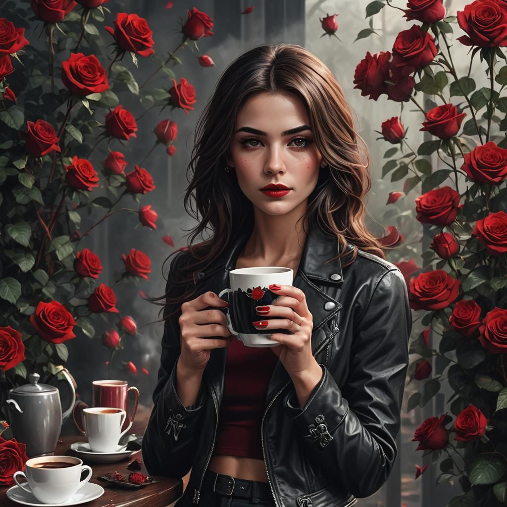 Brunette with Coffee and Roses: Detailed Matte Painting