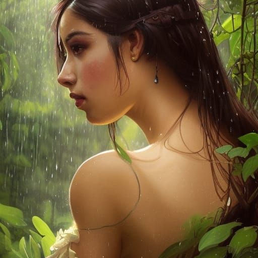 Latina Girl in Jungle Rain, Hyperdetailed Portrait
