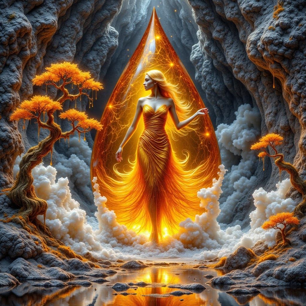 Honey Woman in Amber Droplet, Surreal Landscape