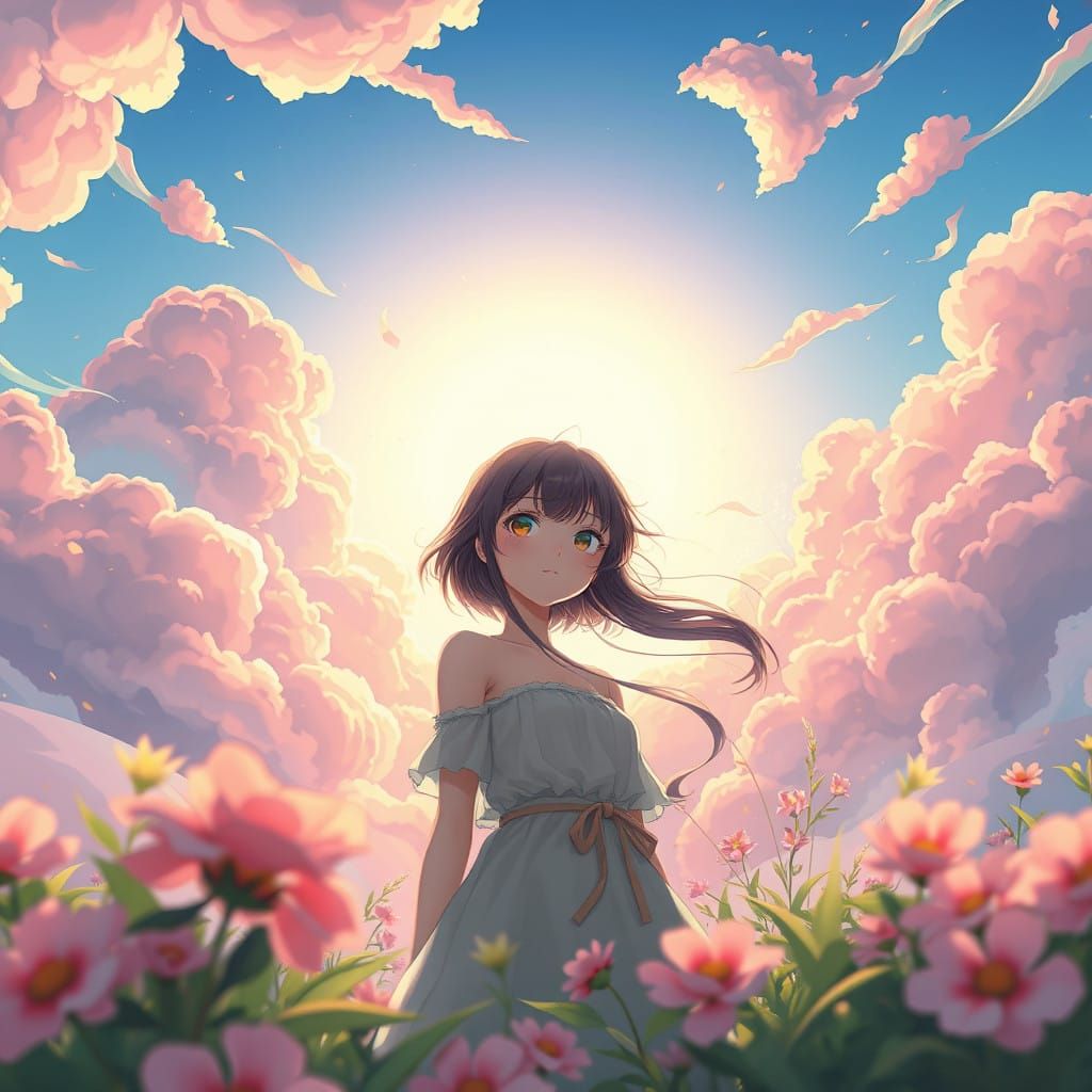 Whimsical Anime Girl in Vibrant Clouds and Lush Greenery