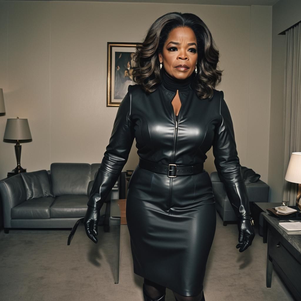 A full-body image of Oprah Winfrey, angry face, dressed in a strict black business leather suit, black leather gloves, s...