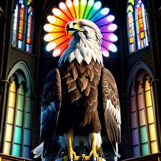 Eagle in Rainbow Shawl Inside Church