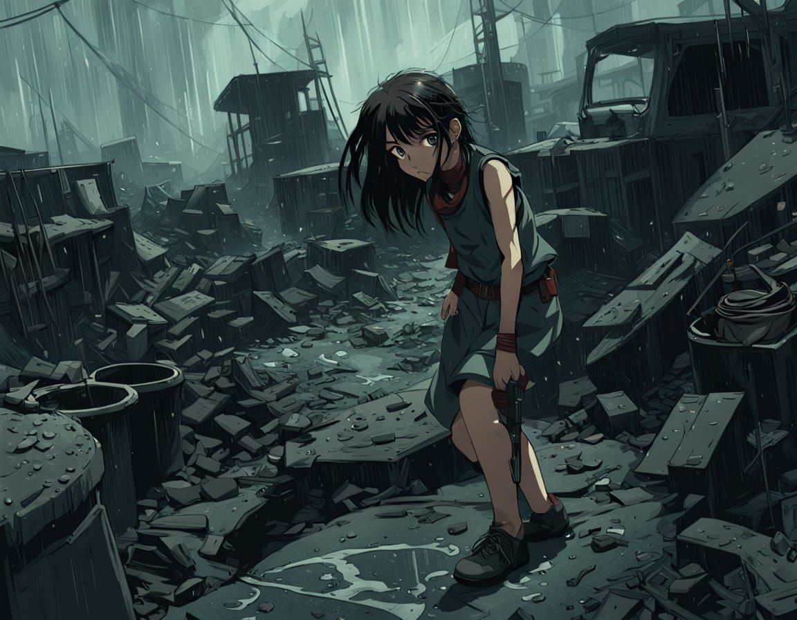 Anime Scavenger Girl in Neon-Lit Wasteland