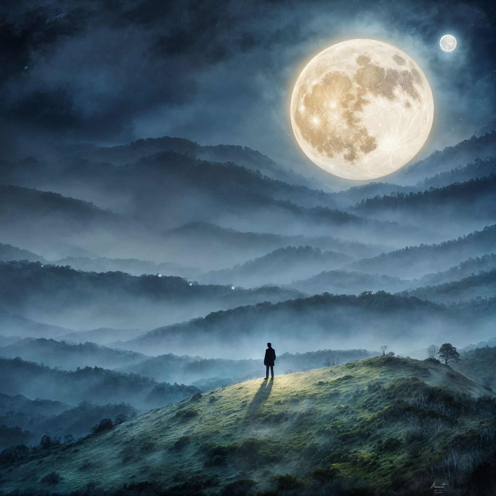 Ethereal Moonlit Figure in Dreamy Landscape