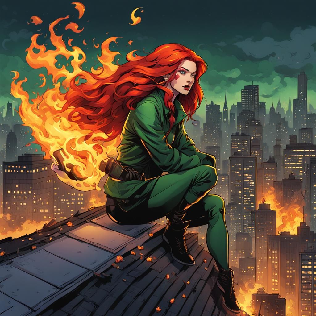 Fiery Woman Controls Energy in Comic Book Style