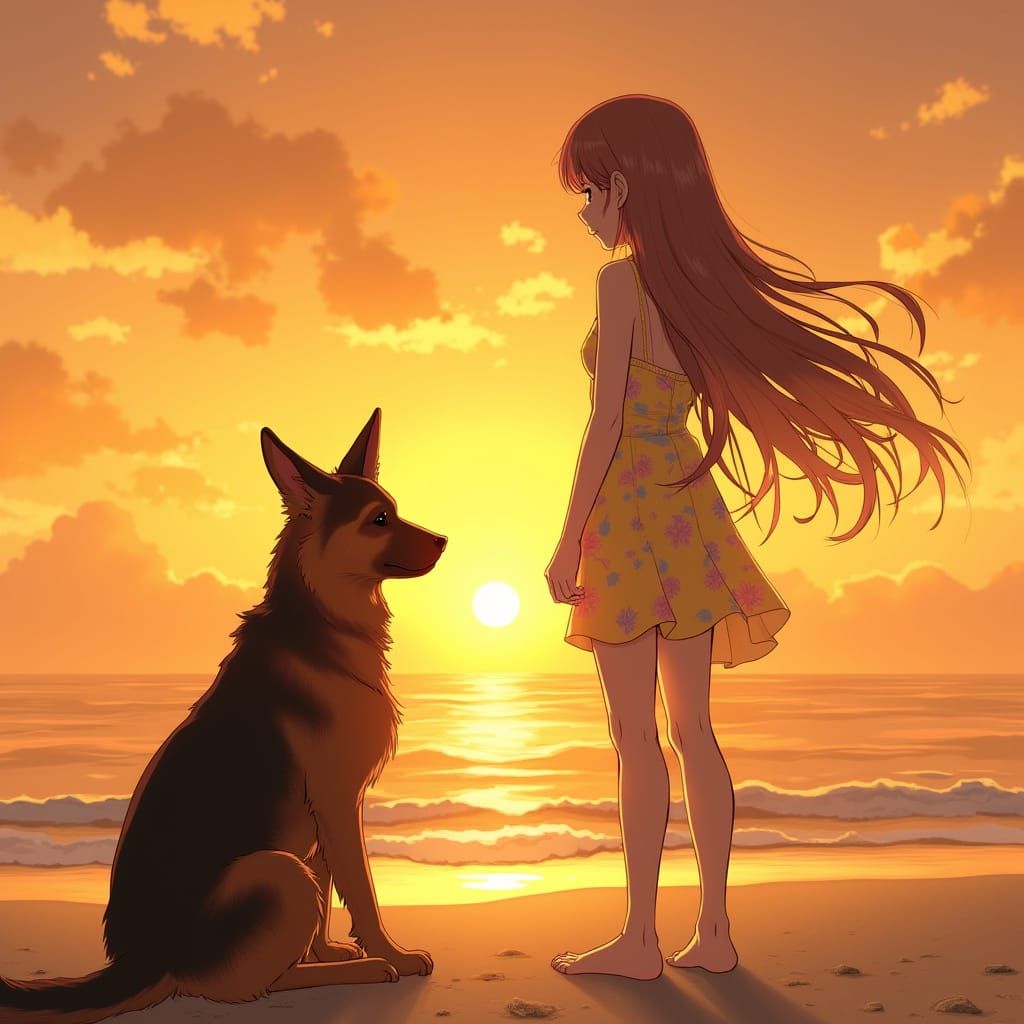 Serene Beach Scene with Woman and German Shepherd Silhouette...