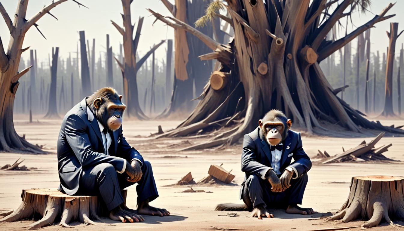 a gangster ape in a tattered suit sits depressed against a tree stump, barren clearcut landscape in the background, sand...