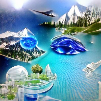 Futuristic Solarpunk World with Mountain and Lake