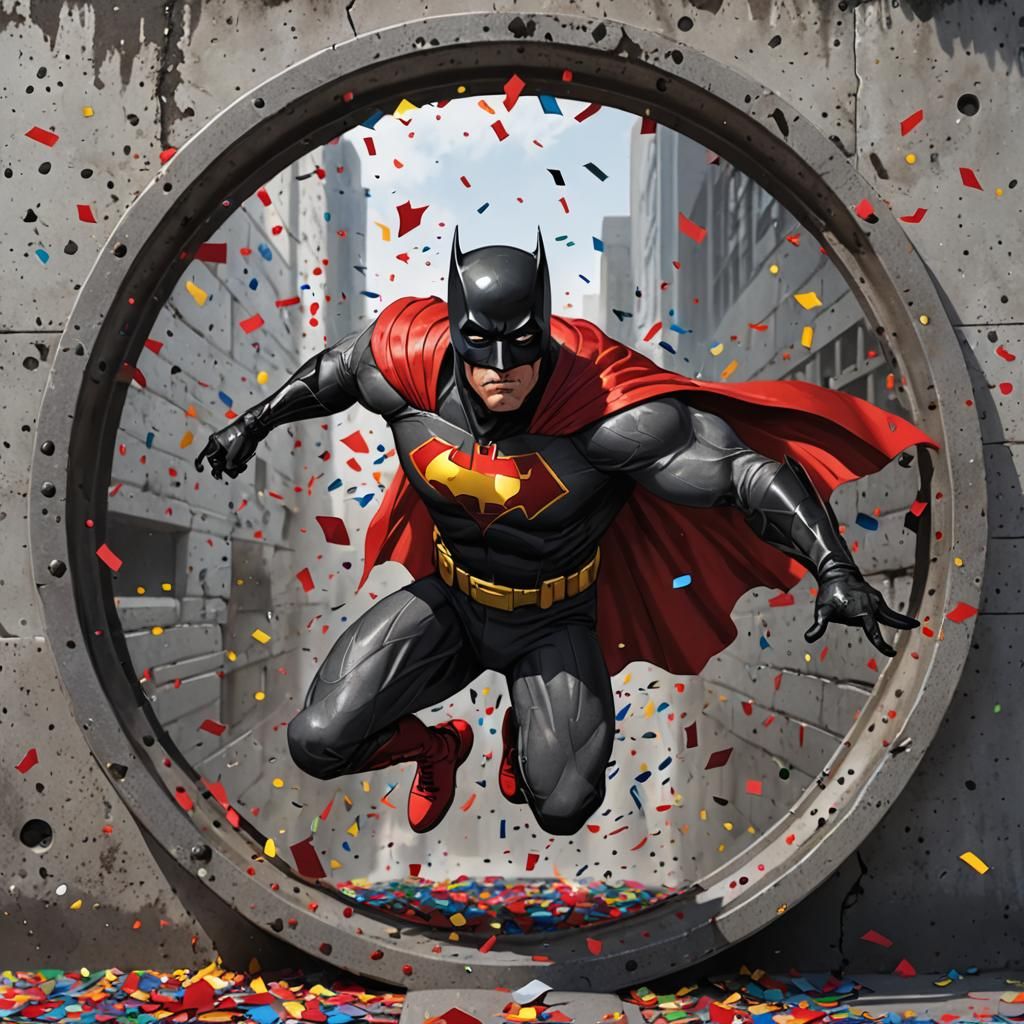 Superhero Leaps from Grate, Confetti Falling
