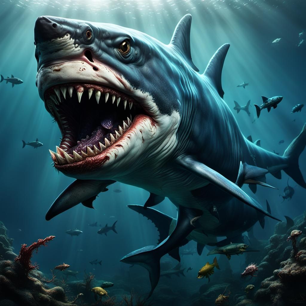 Zombie Shark Attack in Art Nouveau Style