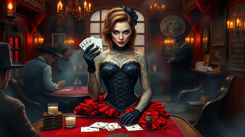 Tattooed Temptress in Fantasy Saloon, Gouache Style