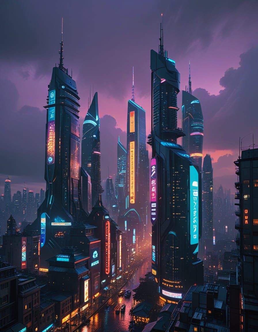 Cyberpunk Metropolis Night Scene with Flying Vehicles