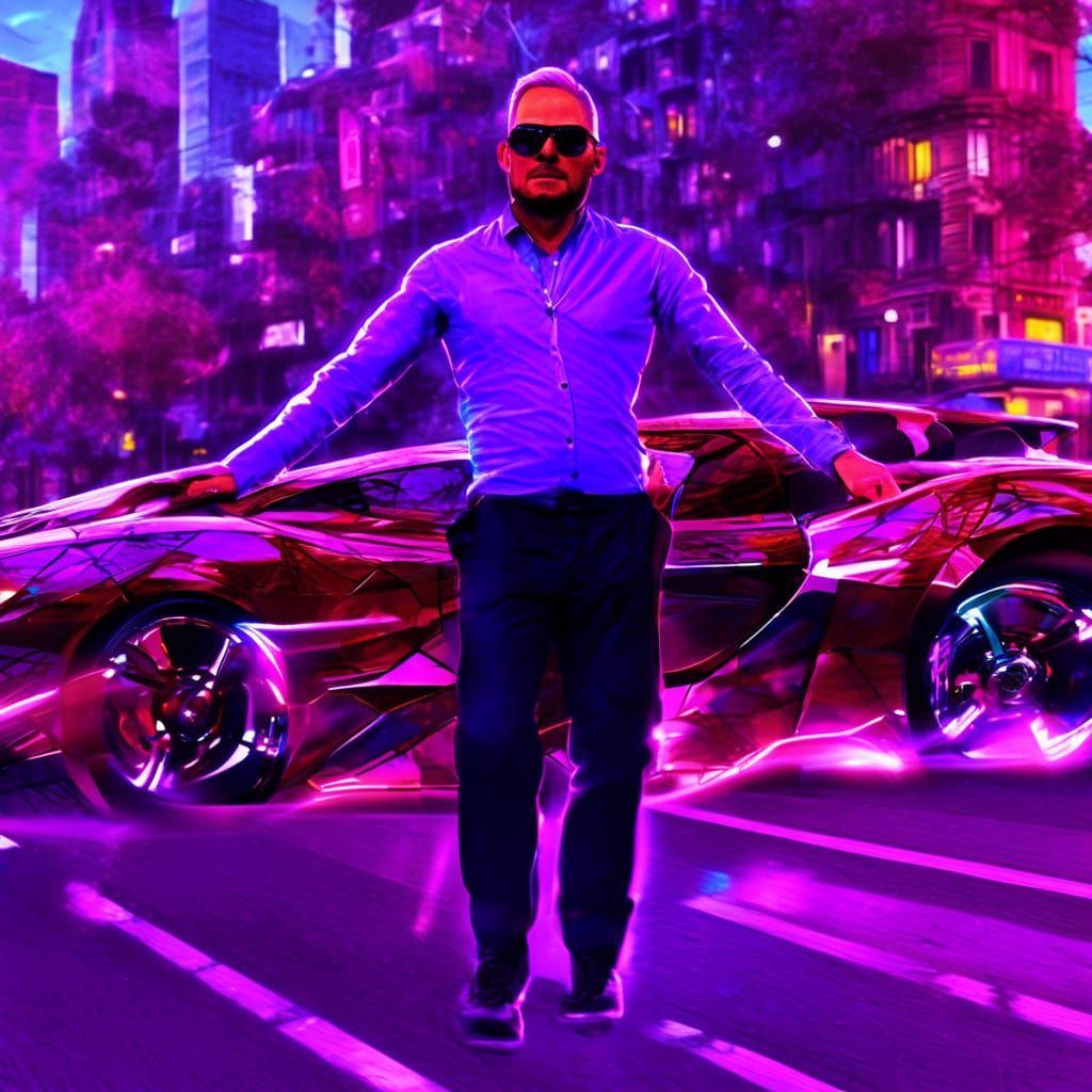 Futuristic Sports Car Speeds Down Neon City Street
