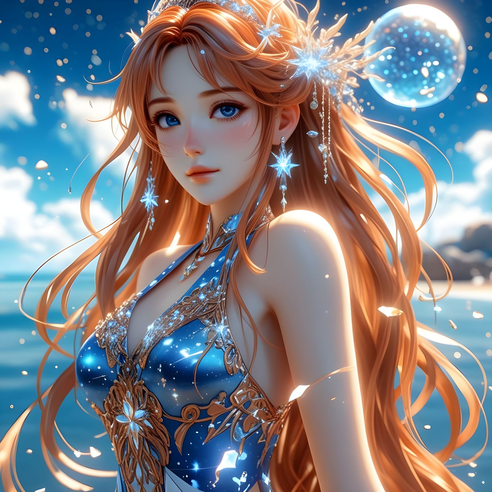 Surreal Anime Goddess in Celestial Beach Scene