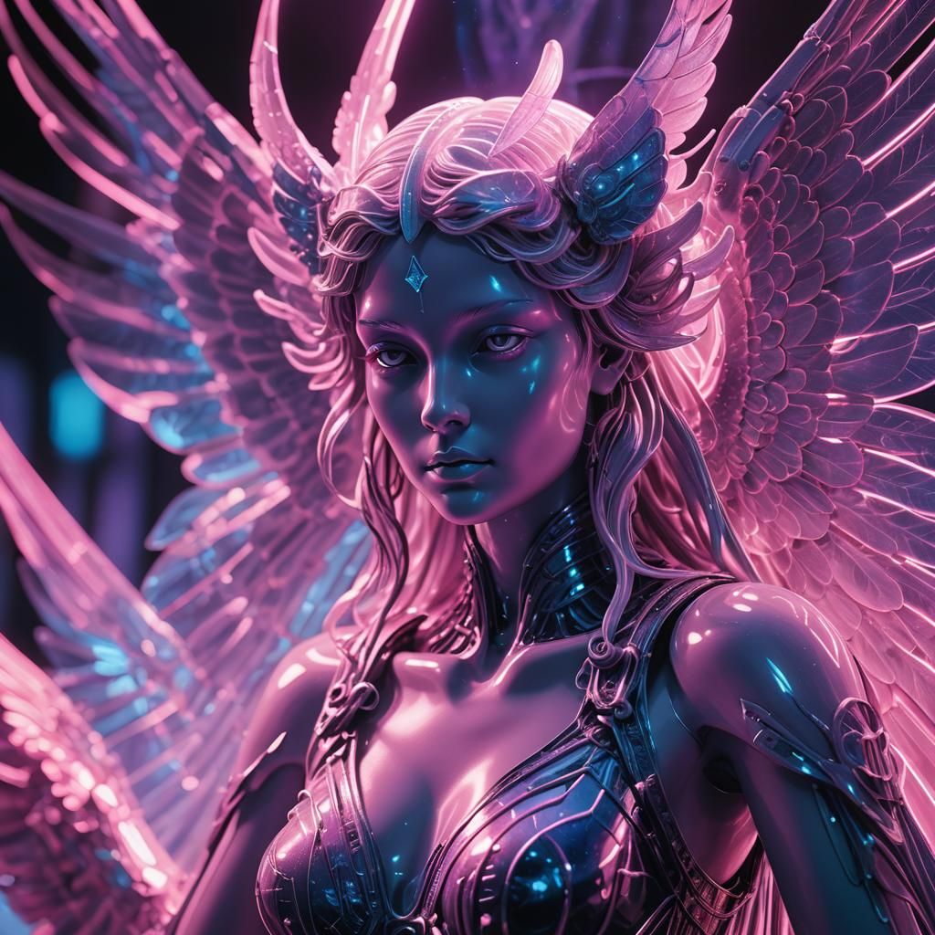 Neon Seraphim Statue in Synthwave Style
