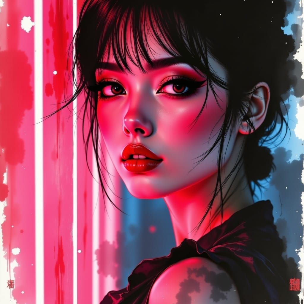 Cyberpunk Portrait in Traditional Japanese Ink Brush Style