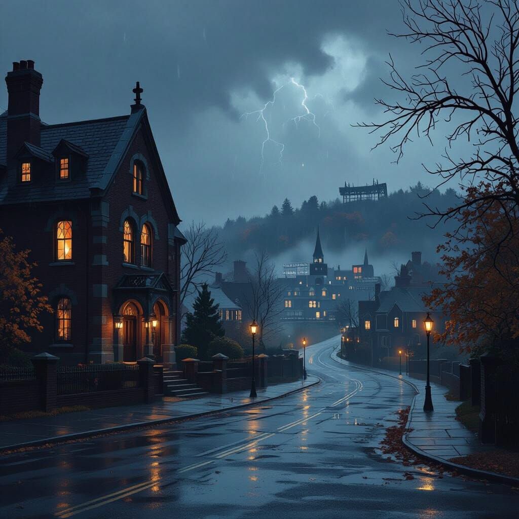 Autumn Town with Gothic School Before Storm