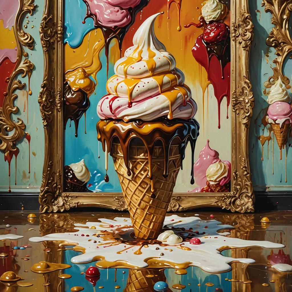 Surreal Melting Ice Cream Cone Oil Painting