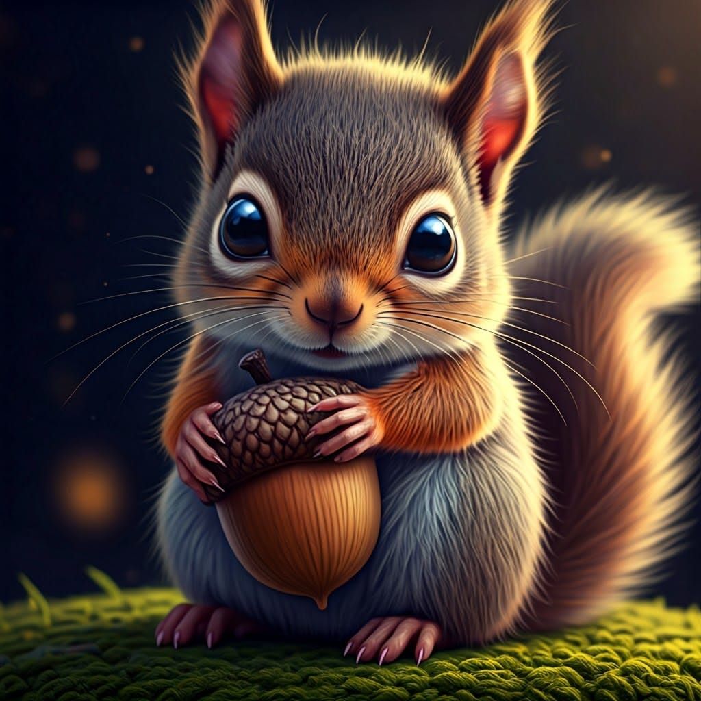 Baby Squirrel Cuddling Acorn in Pastel Concept Art