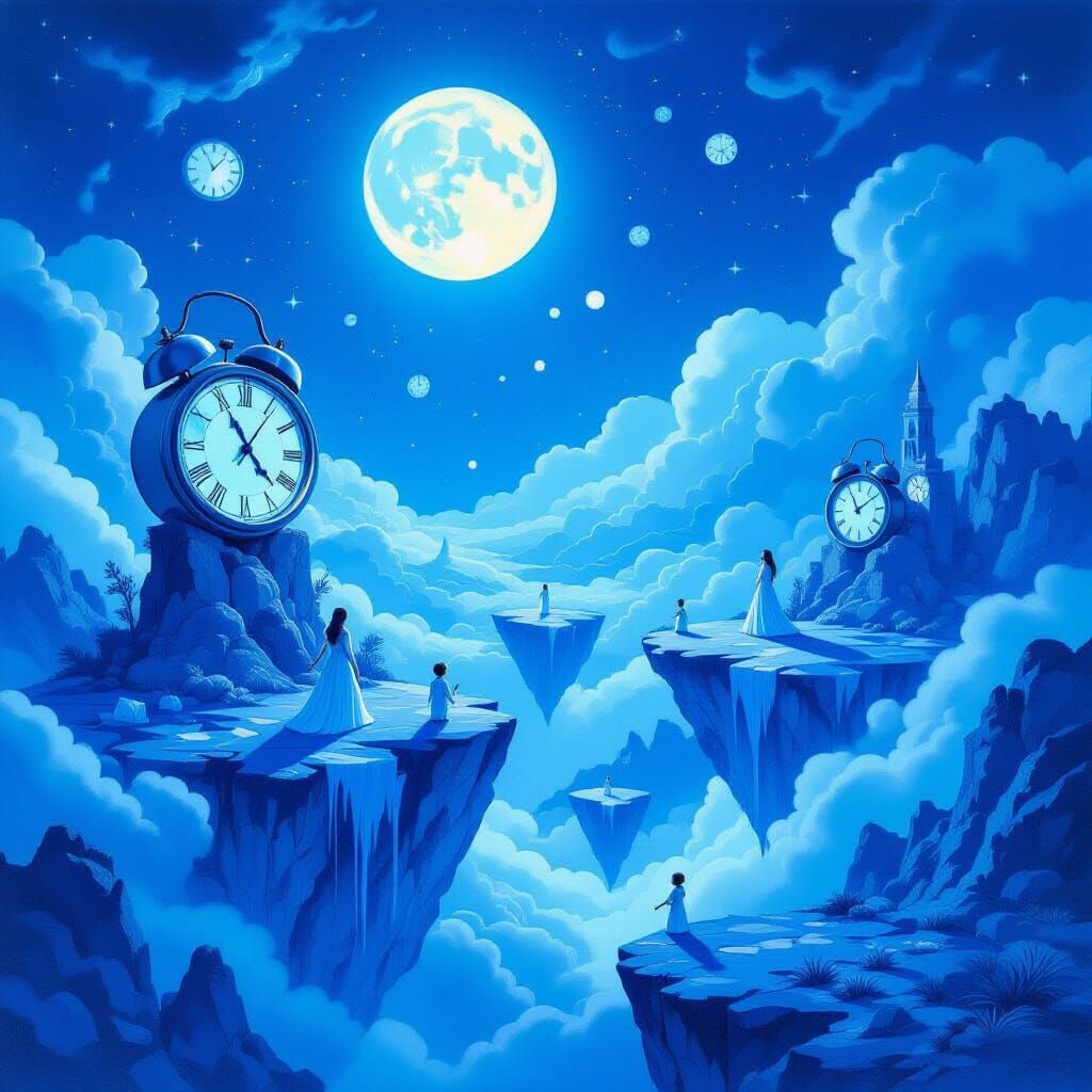 Surreal Blue Landscape with Whimsical Creatures