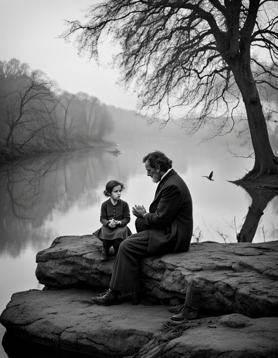 Frankenstein's Monster Comforts a Young Girl by a River