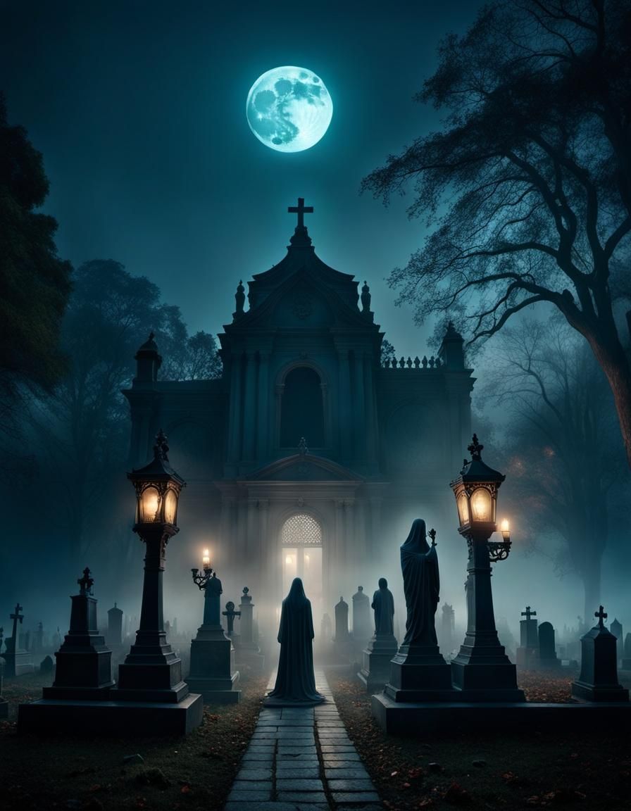 Mysterious figure in a creepy cemetery