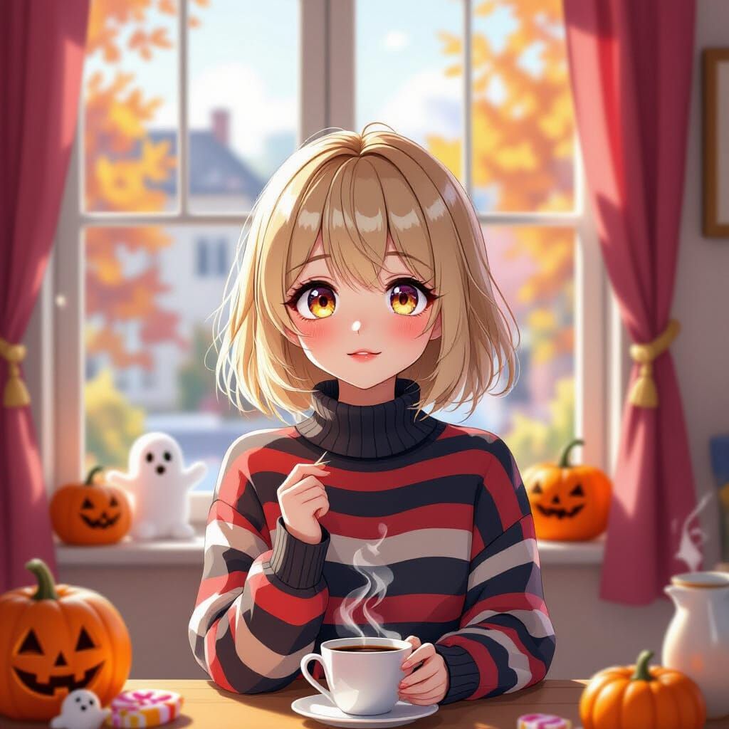 Mystical Anime Girl in Autumn Apartment with Morning Light