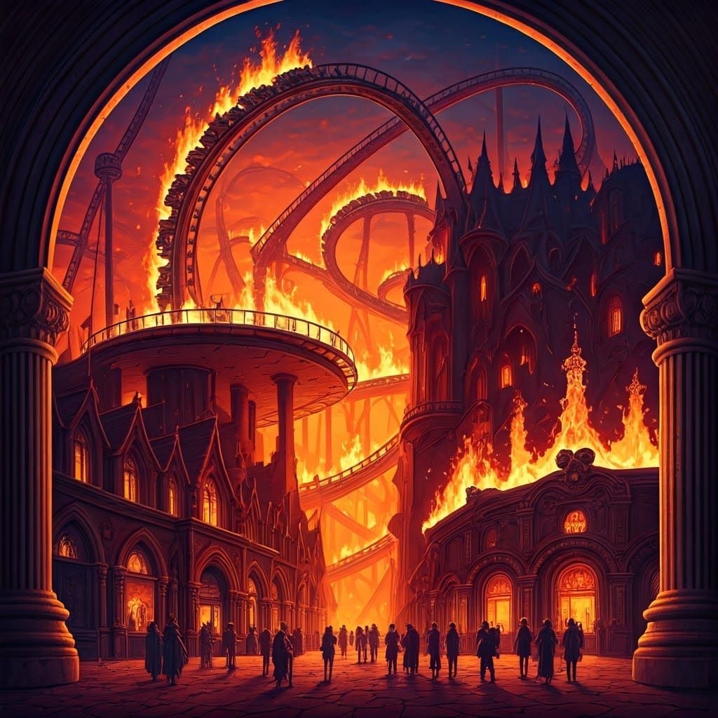 Infernal Theme Park in Dystopian Futurism Style