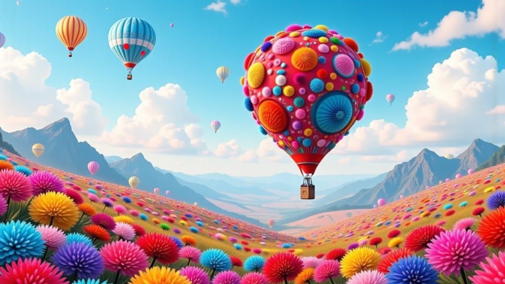 Pom Pom Hot Air Balloon Over Whimsical Landscape