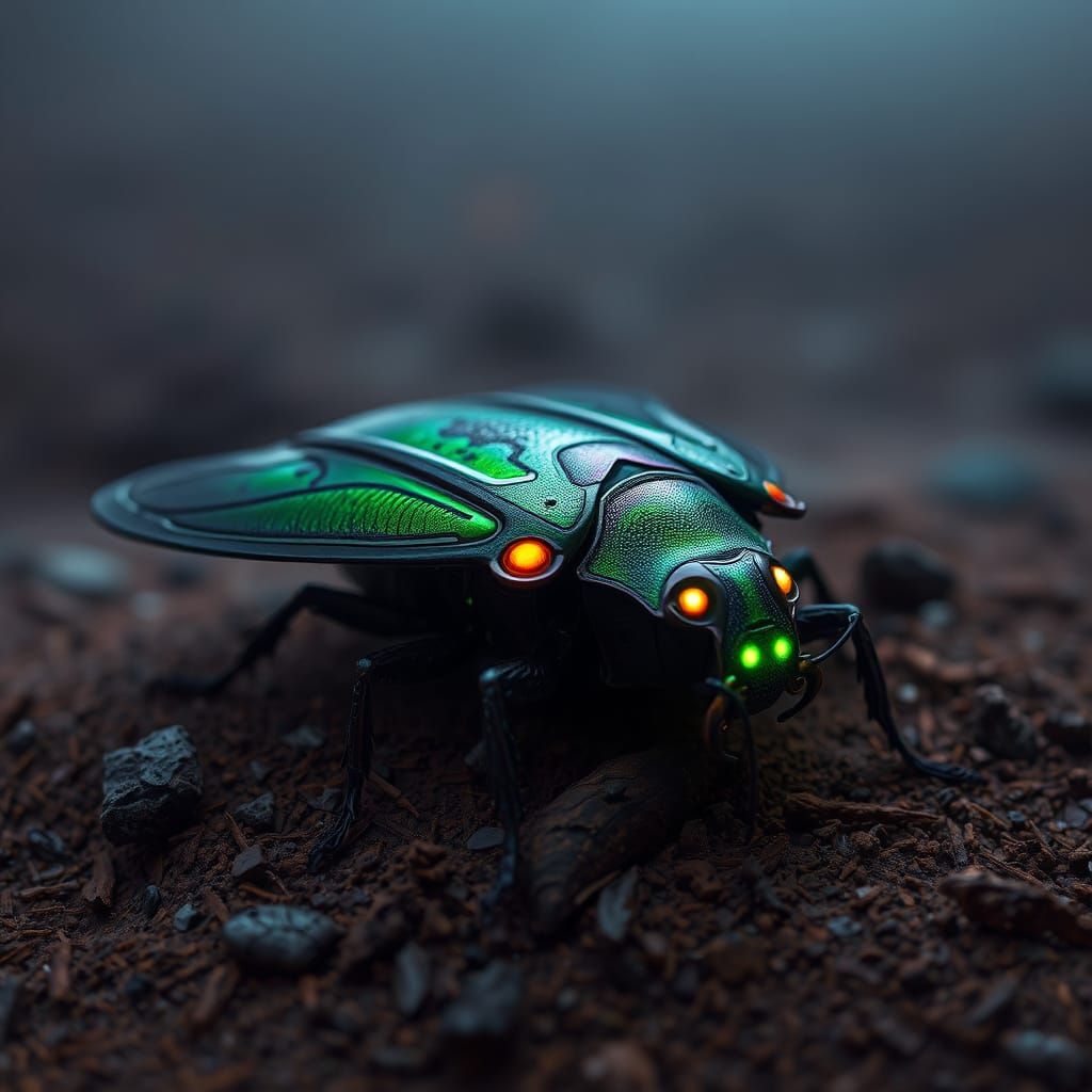 Metallic Green Beetle in Cyberpunk Style