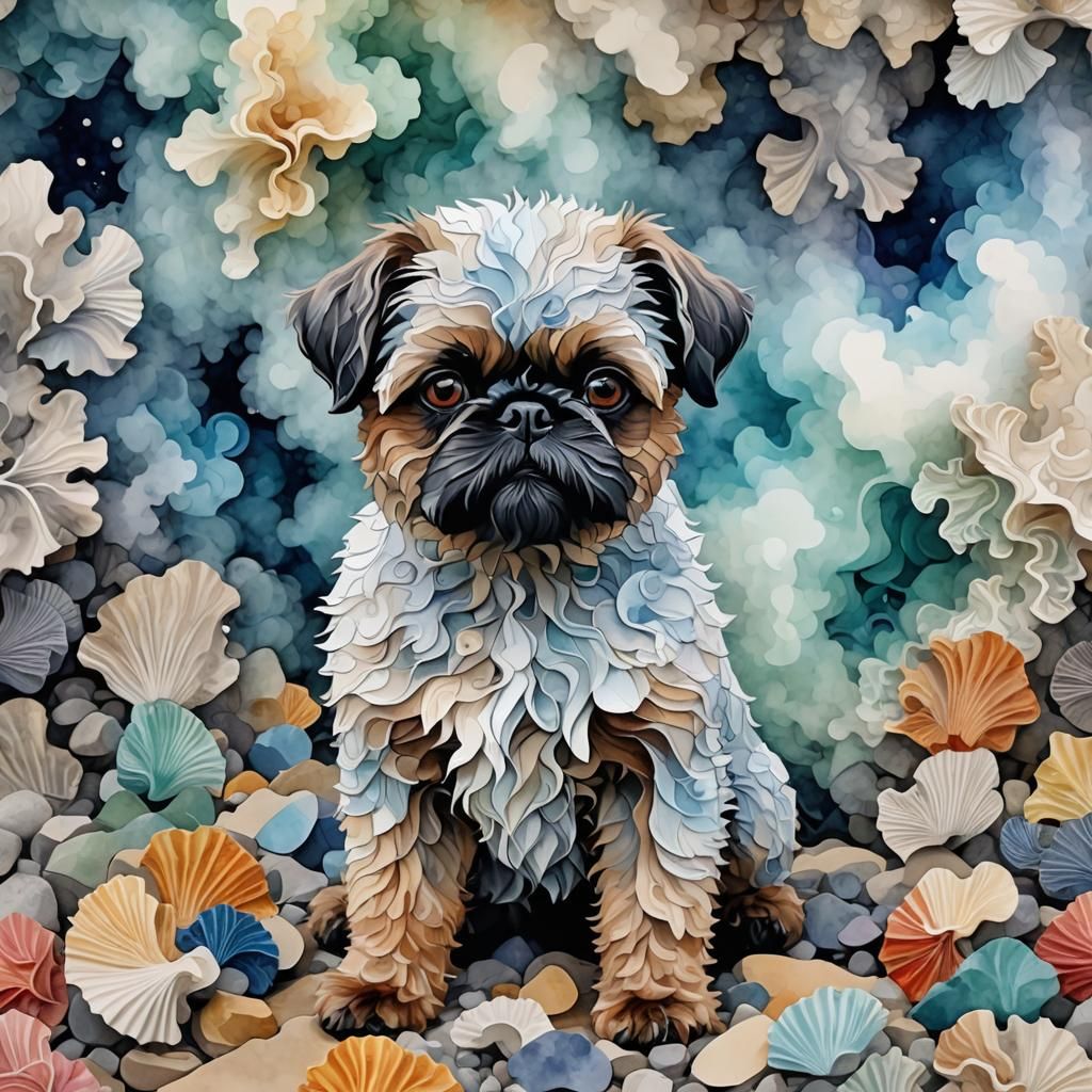 Colorful Smoky Brussels Griffon on Rocky Beach as Impasto