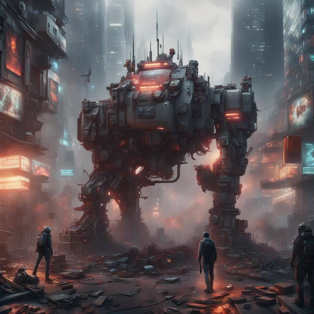 Cyberpunk Android Emerges in Explosive Cityscape