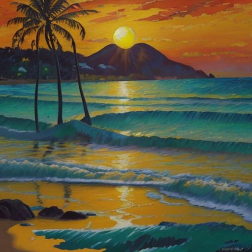 Tropical Sunrise Over Island Beach in Gauguin's Style