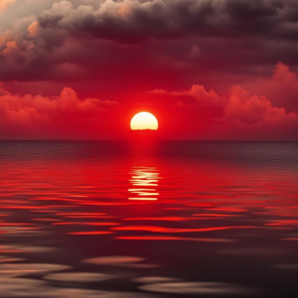 Ominous Red Sun Sets Over Water