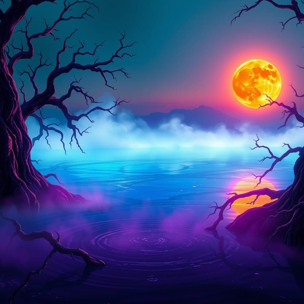 Glowing Fantasy Lake Under Lunar Eclipse