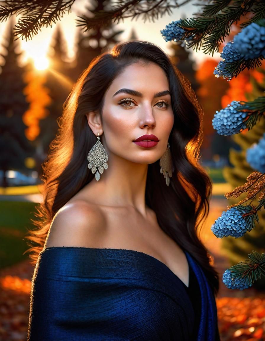 Autumn Sunset Portrait: Woman in Blue Shawl