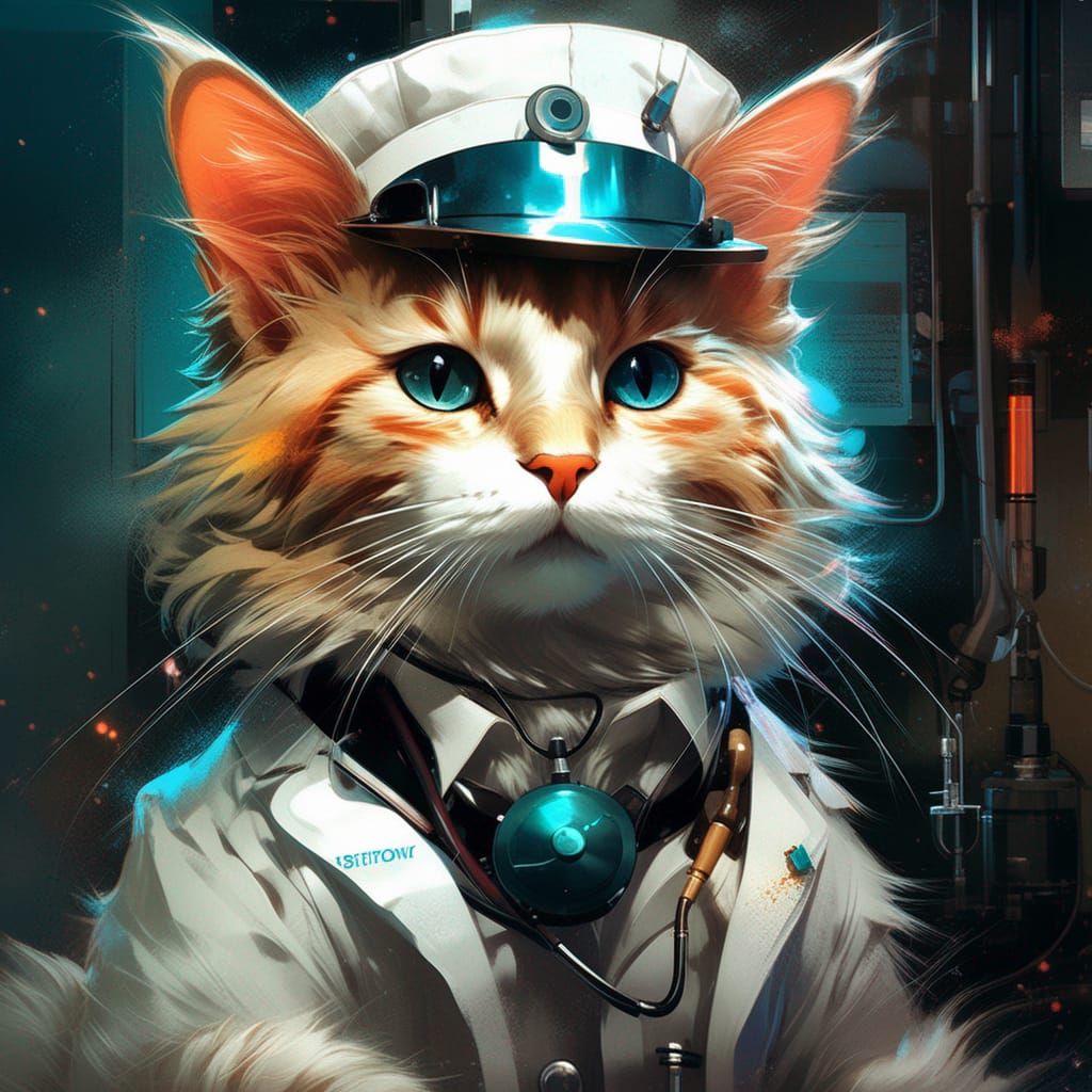 Anime Cat Doctor Portrait in Splash Art Style