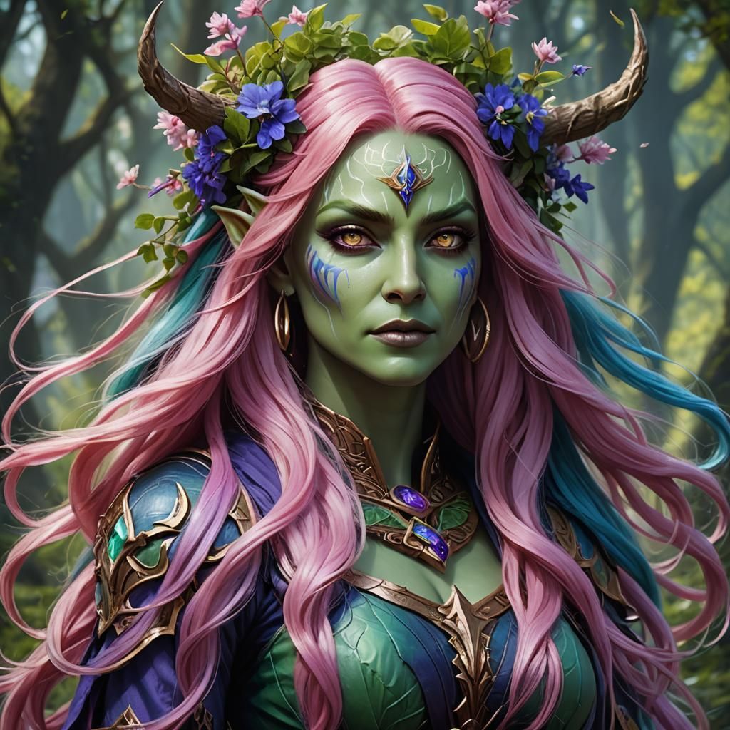 Green-Skinned Eladrin Druid Portrait in Detailed Fantasy Art