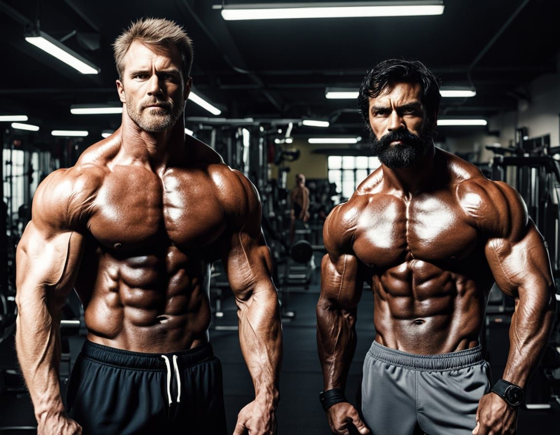 Muscular Bodybuilders Pose in the Gym