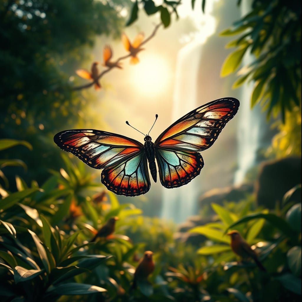 Iridescent Butterfly in Sun-Drenched Jungle Clearing