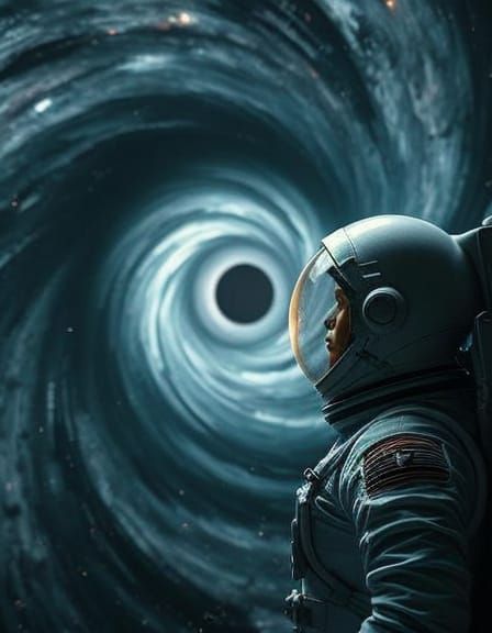 Female Astronaut Gazing at a Massive Black Hole