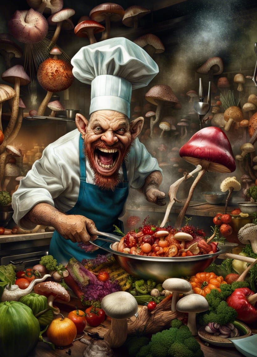 Mushrooms Fleeing Chef: Colorful Fantasy Masterpiece