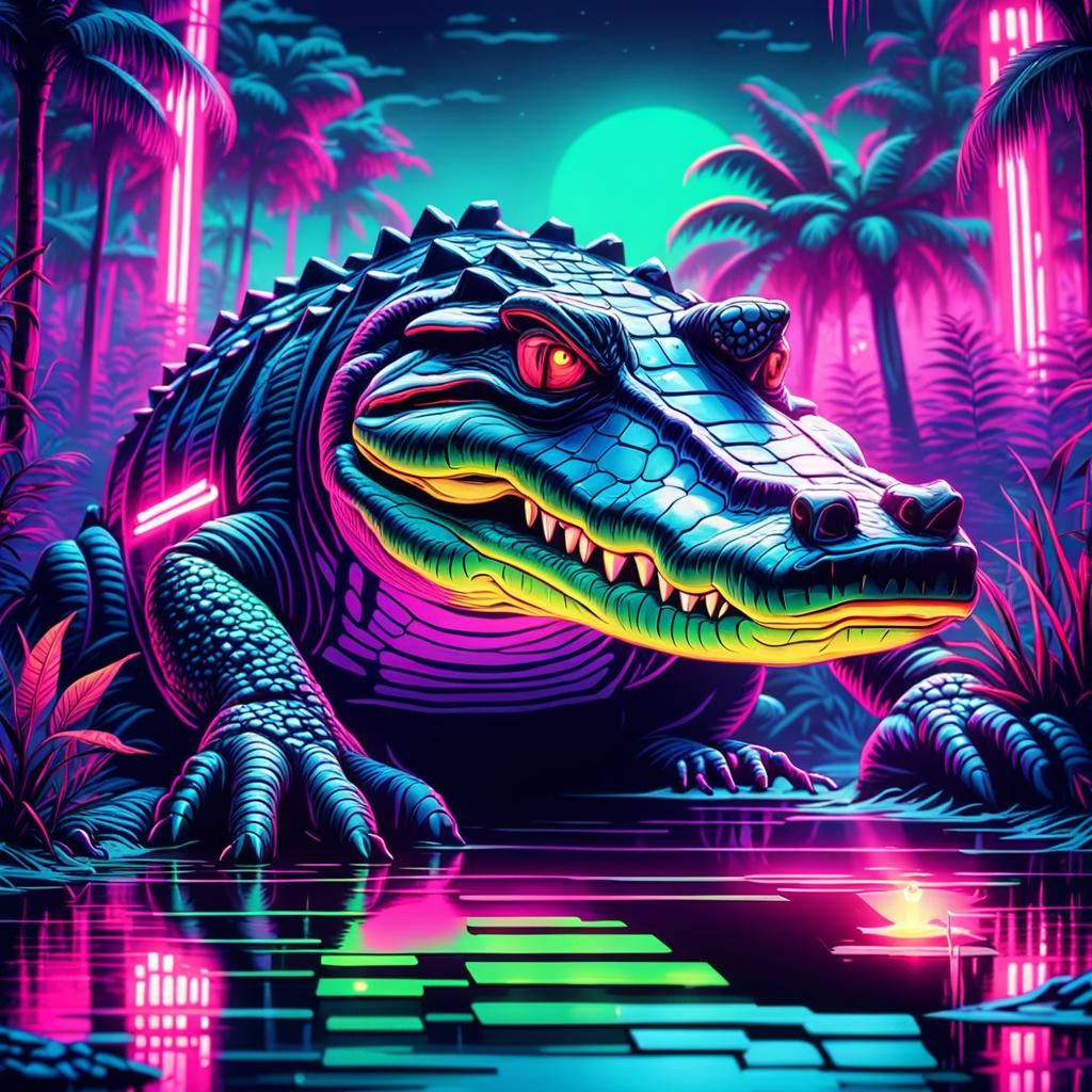 Synthwave Alligator Swamp with Neon and Intricate Details