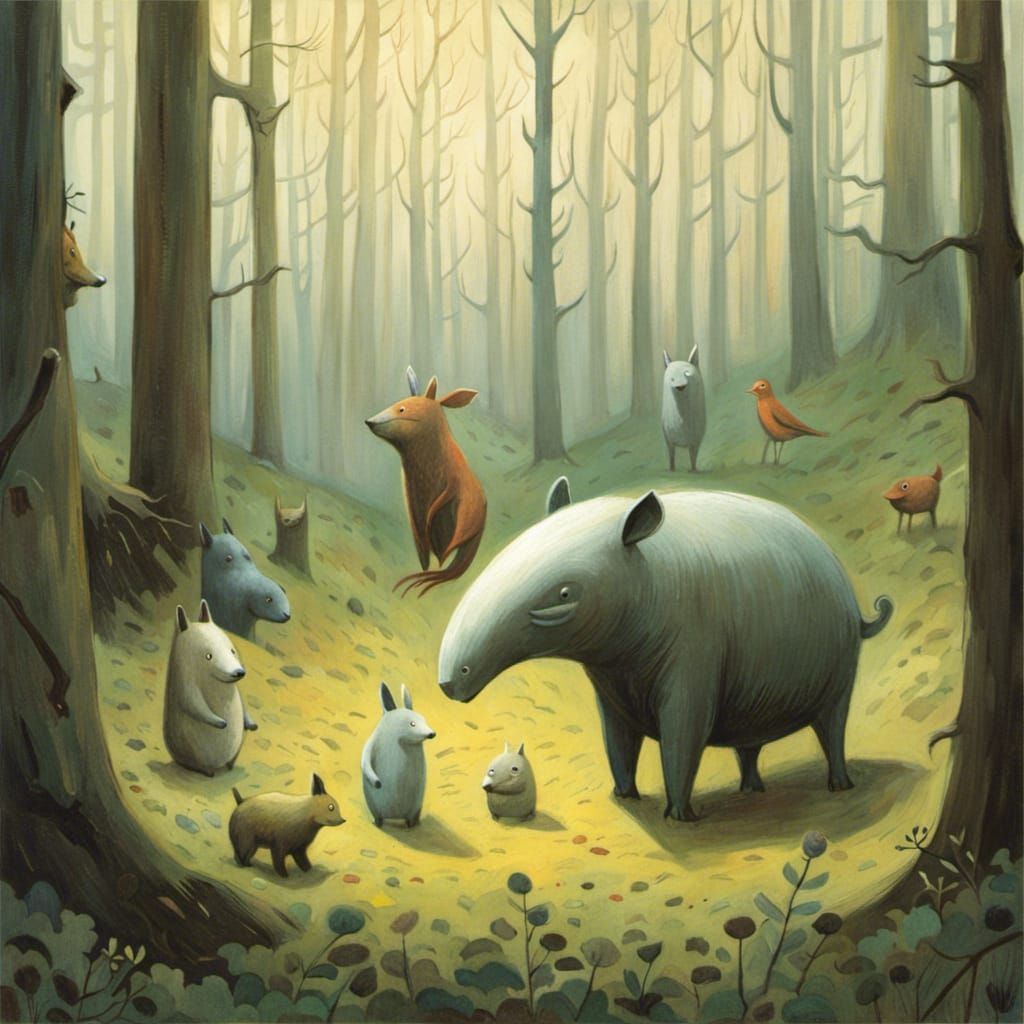 Cute Animals in Forest, Shaun Tan Illustration Style