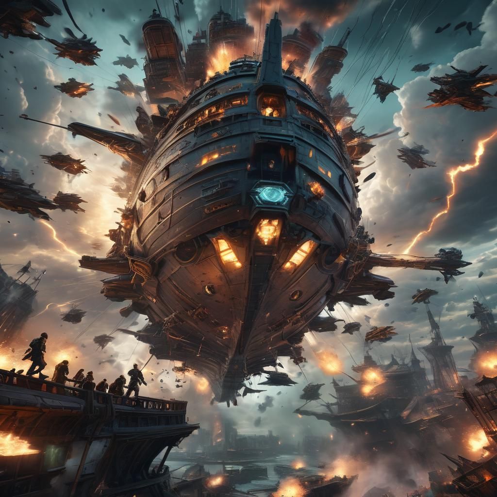 Epic Airship Battle in Digital Art Style