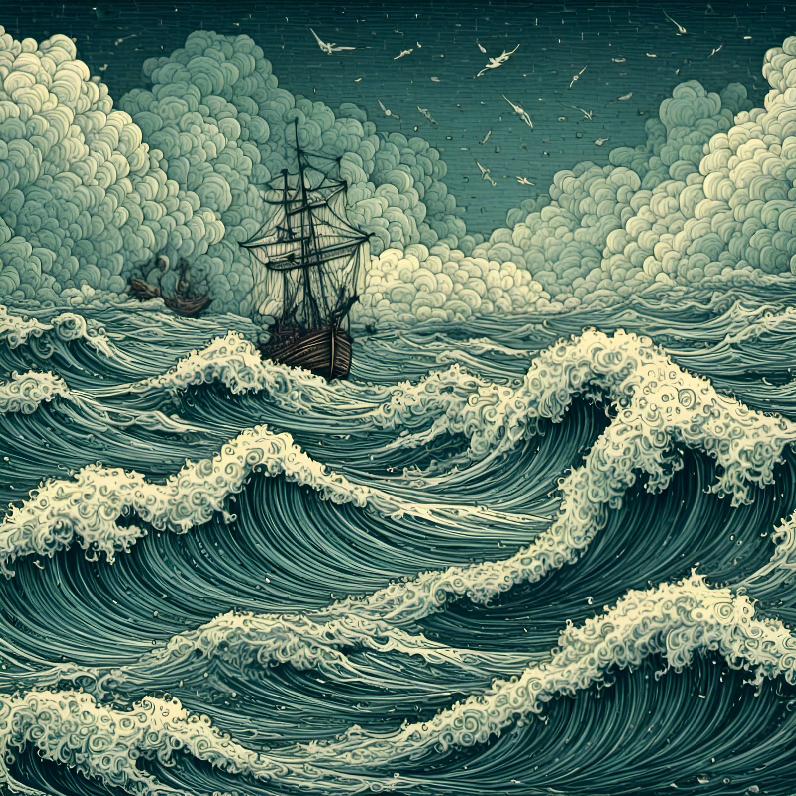 The Flying Dutchman in Pyrographic Blueprint Style